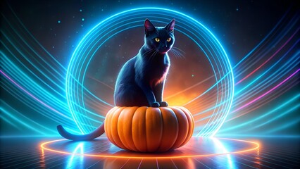 Black cat on a pumpkin with neon light ring halloween.