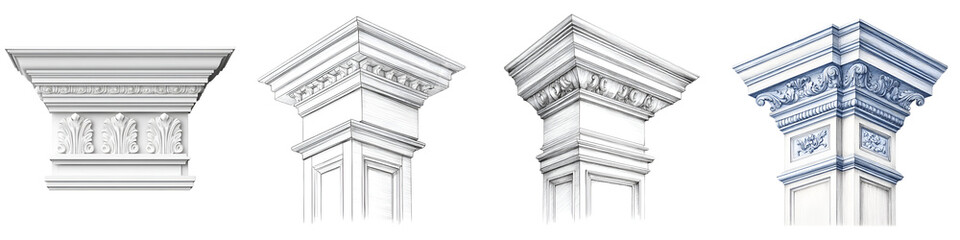 Fototapeta premium Architectural Ornament: Set of Decorative Column Caps on White Background