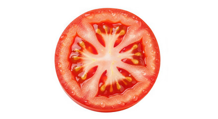 Close-up macro view of fresh red tomato slice revealing juicy interior and seed cavities natural food photography transparent background