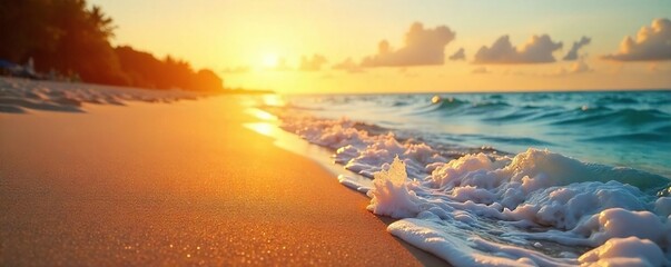 Golden hour sunlight warms smooth beach sand, gentle waves lapping the shore Perfect summer escape; serenity and relaxation Ideal for travel, vacation, and summer themes , summertime, sand, water