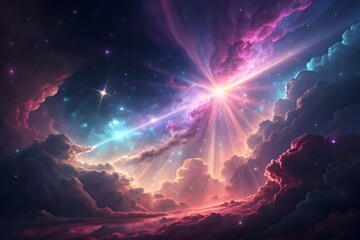 An abstract and bright universe shimmers with blue starlight and colorful nebula clouds