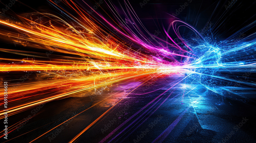 Poster bright light streaks create dynamic and vibrant scene, showcasing energy and movement in colorful di