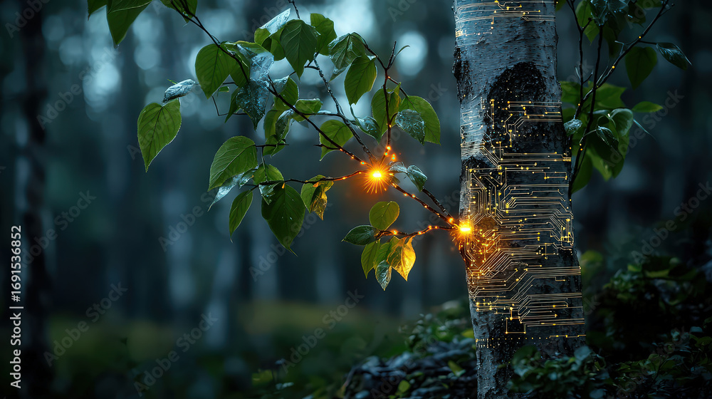 Poster serene forest scene featuring tree with glowing circuits integrated into its bark, symbolizing fusio