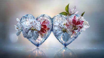 Close up of two floral heart halves meeting, symbolizing love and beauty with delicate flowers inside