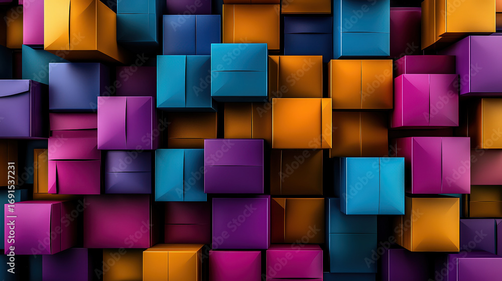 Poster colorful stacked boxes in bold primary colors create vibrant and dynamic visual display, evoking sen