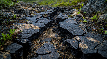 Fototapeta premium Cracked earth reveals dry, arid landscape with intricate patterns of fissures and vegetation peeking through, showcasing nature resilience