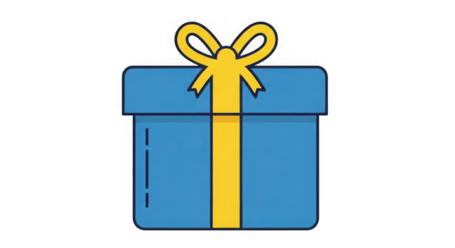 Festive blue gift box with yellow ribbon bow celebration surprise present icon graphic for holidays birthdays and special occasions transparent background