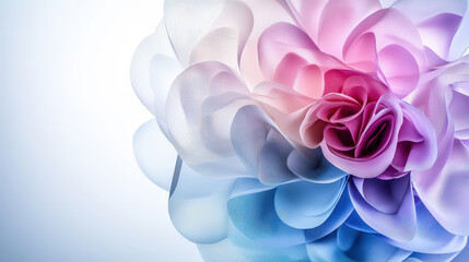 Fototapeta premium Delicate pastel colored flower made of soft fabric layers, showcasing concentric petals shades of pink, purple, and blue, evokes sense