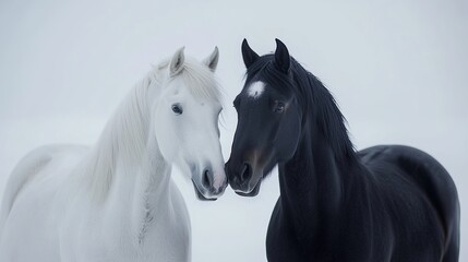 Two noble horses white and black standing still against.