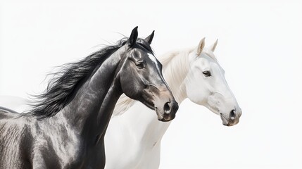 Two noble horses white and black standing still against.