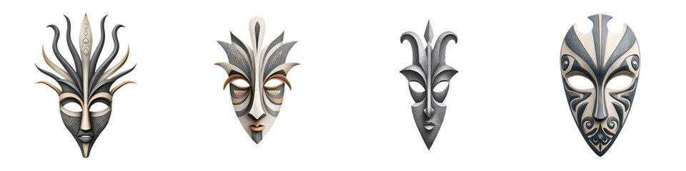 African Masks Collection: Tribal Art Isolated on White Background
