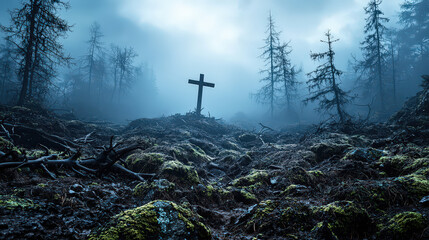 Obraz premium Haunting landscape featuring cross in foggy forest, surrounded by moss covered ground and barren trees, evoking sense of grief and solitude
