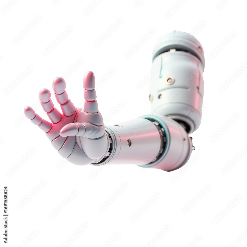 Poster a detailed, futuristic robotic arm extends, showcasing intricate mechanical parts and a gesture of r