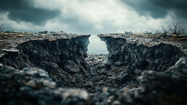 Dramatic landscape showcasing eroded terrain, symbolizing fragility and change, with dark clouds overhead and sense of desolation