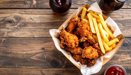 Top-down view of a delicious combo meal featuring crispy fried chicken wings and golden french fries on a rustic wooden background