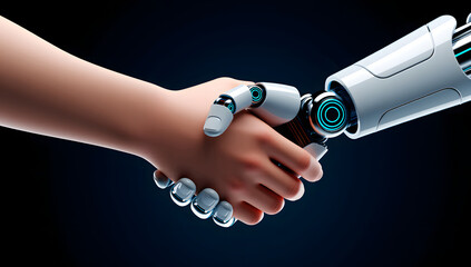 Human hand reaching out for handshake with robot hand business concept illustration background