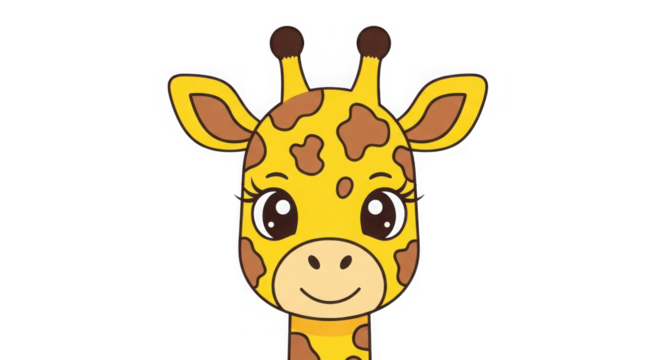 Adorable cartoon giraffe face with large expressive eyes and spotted pattern friendly smile for kids transparent background