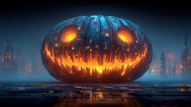 A glowing, futuristic pumpkin with a circuit-like design, set against a dark, high-tech cityscape, exuding a Halloween vibe.