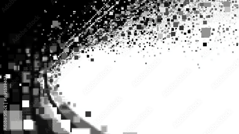 Poster abstract monochrome background with scattered squares and pixelated effect