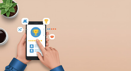 Modern smartphone experience with achievement tracking, user ratings, and digital rewards concept