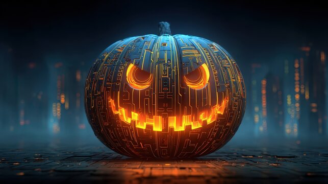 A futuristic pumpkin with a glowing, circuit-like design, embodying a Halloween theme with a tech twist.