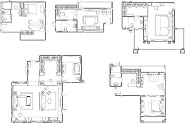 Master Bedroom Interior Design with Walk-in Closet and Bathroom Collection - 5 Vector Drawing Styles