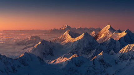 Sunrise over snowy mountain peaks