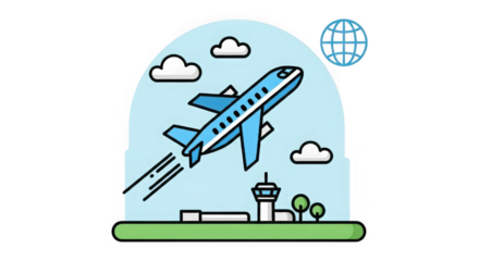 Airplane ascends above airport control tower surrounded by clouds and global navigation satellite system icon transparent background