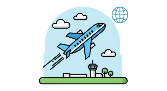 Airplane ascends above airport control tower surrounded by clouds and global navigation satellite system icon transparent background