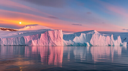 Winter Solstice: Polar Glacier at Sunset with Pink Afterglow, Natural Scenery Travel Background