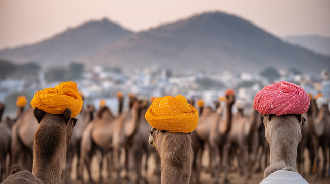 Pushkar Camel Fair Rajasthan &ndash; Camels and Traders in Colorful Turbans at Desert Festival, Authentic Cultural Gathering in India with Scenic Mountain Backdrop