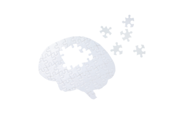 White puzzle pieces shape a brain, gapped, isolated on white, PNG