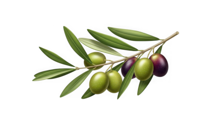 Freshly harvested olive branch with ripe green and purple olives amidst verdant leaves detailed realistic presentation transparent background