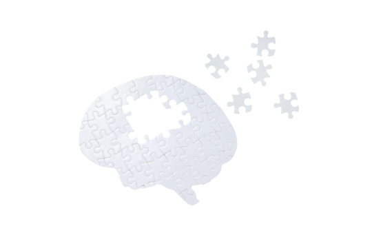 White puzzle pieces shape a brain, gapped, isolated on white, PNG