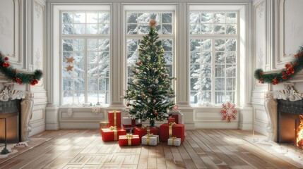 Festive Christmas Tree Decorated with Lights and Ornaments in Elegant Living Room