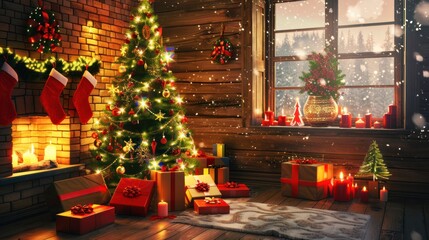 Festive Christmas Room Decor with Christmas Tree and Gifts in Cozy Wooden Cabin