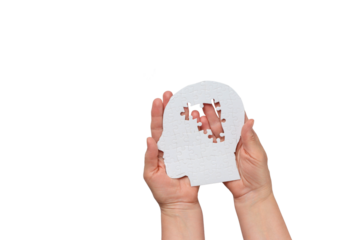 Hands hold a puzzle piece shaped like a head, isolated on white, PNG