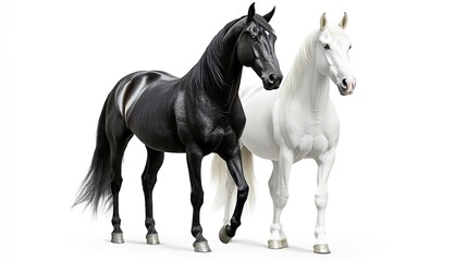 Two noble horses white and black standing still against.