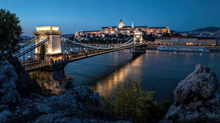 Fototapeta premium Breathtaking view of Chain Bridge illuminated at night, showcasing majestic Buda Castle in background, reflecting on river