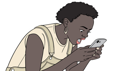 Surprised young woman looking at smartphone illustration digital art.