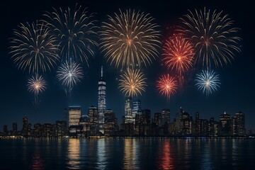 Fototapeta premium Spectacular fireworks display over a city skyline at night