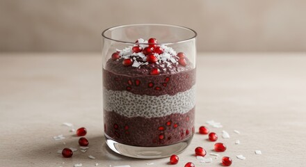 Delicious Chia Pudding Layers with Pomegranate Seeds and Coconut Flakes in a Glass