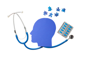 Health symbols: stethoscope, pills, puzzle, isolated on white, PNG