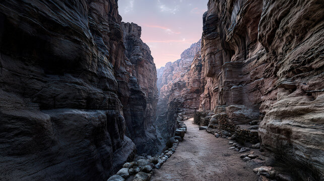 Twilight view of Petra Siq canyon showcases narrow rock formations and serene pathway, evoking sense of wonder and exploration