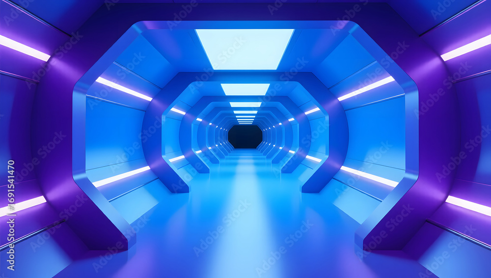 Wall mural 3d rendering of sci-fi stretch background with geometric tunnel and neon lines, 3d rendering concept