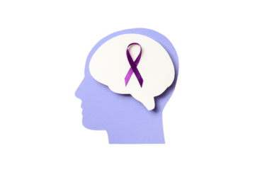 Purple ribbon on brain for mental health, isolated on white, PNG