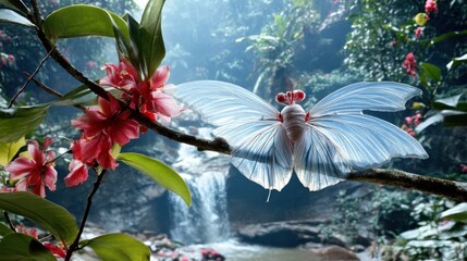 Enchanting butterfly resting on a branch, with waterfall and lush green foliage in the background
