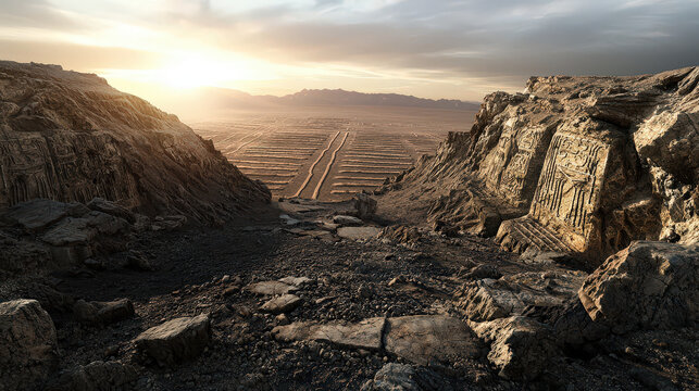 Nazca Lines under golden hour lighting create stunning view of ancient geoglyphs etched into desert landscape, showcasing their intricate designs