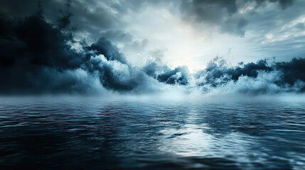Naklejka premium Misty ocean waves reflect navy tones under dramatic clouds, creating serene yet powerful atmosphere