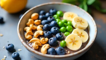 a vibrant, healthy breakfast bowl with chia seeds, blueberries, sliced bananas, cashews, green peas, and orange slices, placed on a beige cloth against a sunlit background, created with generative ai